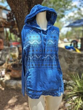Free Planet Blue Geometric Aztec Cotton  Hooded Pullover M
